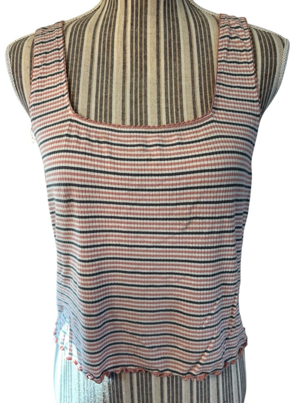 American Eagle Outfitters Tank Top XL White Stripe Pink Gray Ribbed Soft & Sexy
